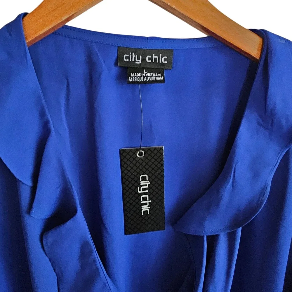 City Chic Women's Blue Ruffle Wrap Blouse Top Plus Size 2X 20 NWT - Picture 7 of 13